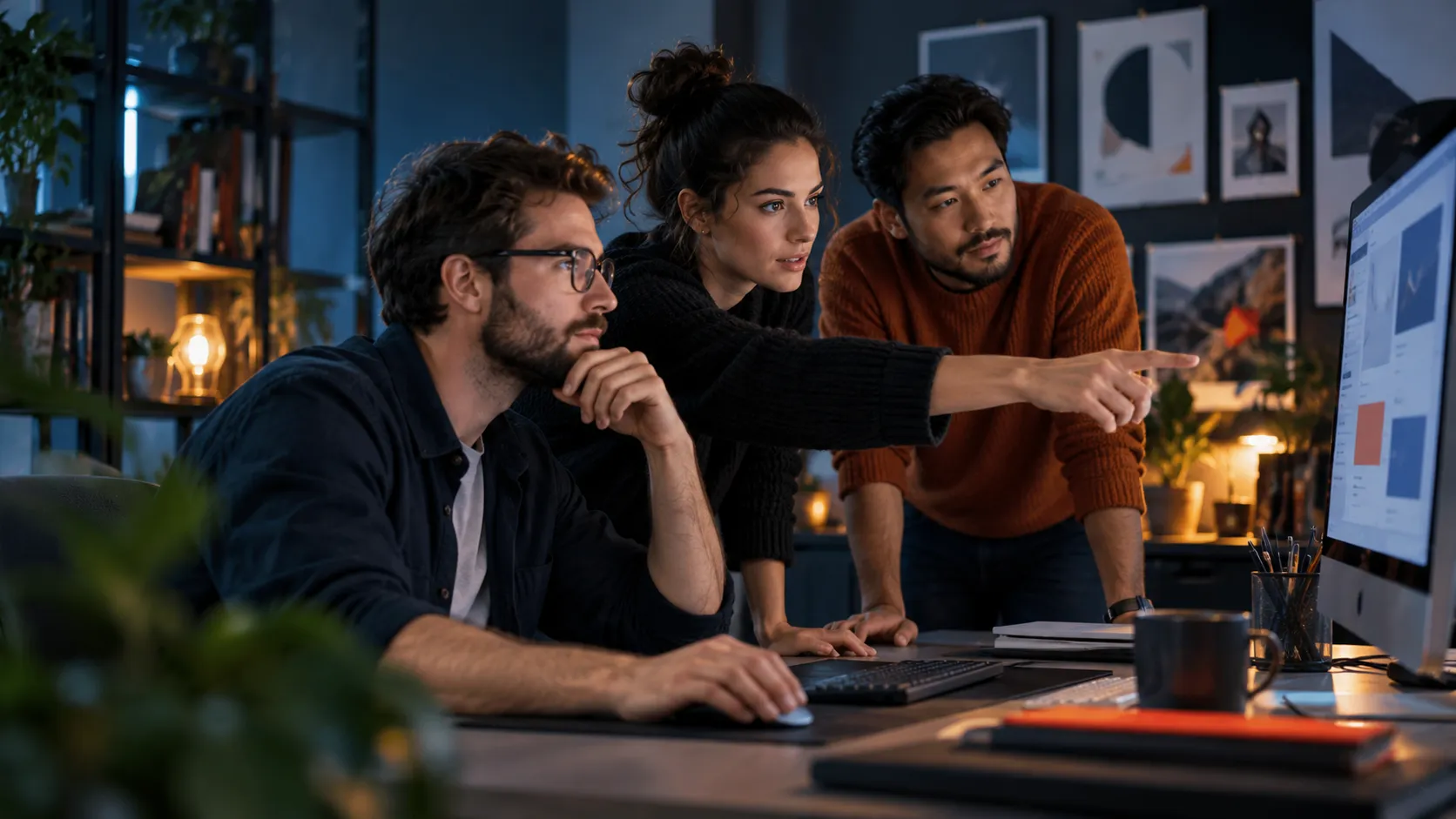 Illustration of three professionals reviewing work together at a desktop computer