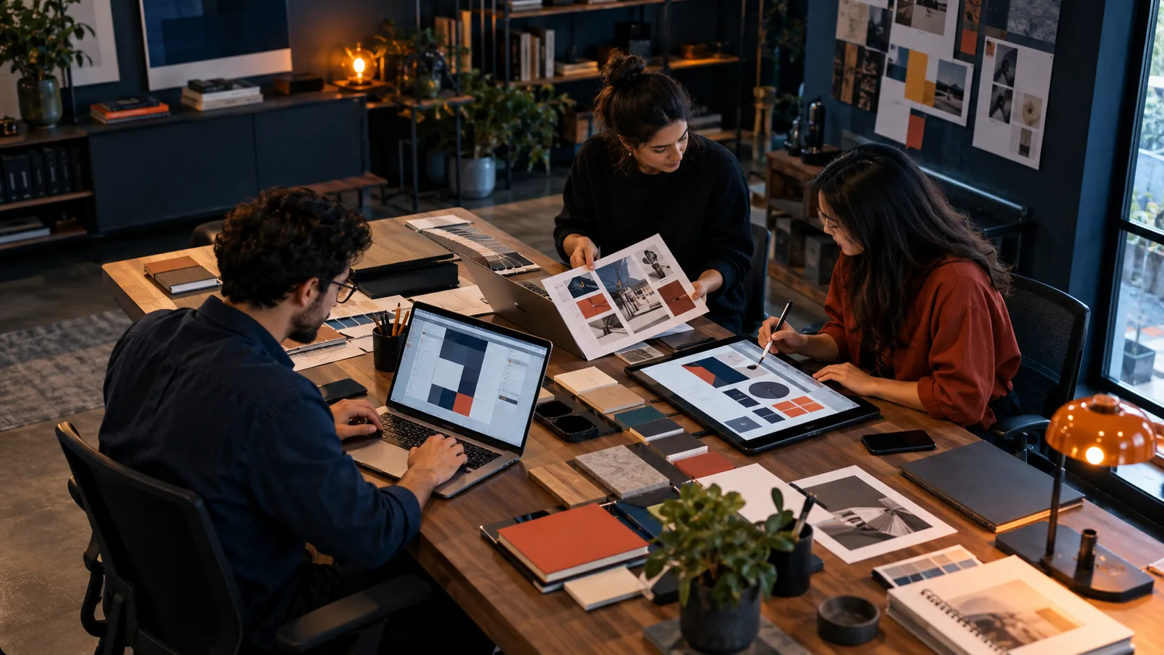 Illustration of three professionals collaborating on design and development work at a studio table