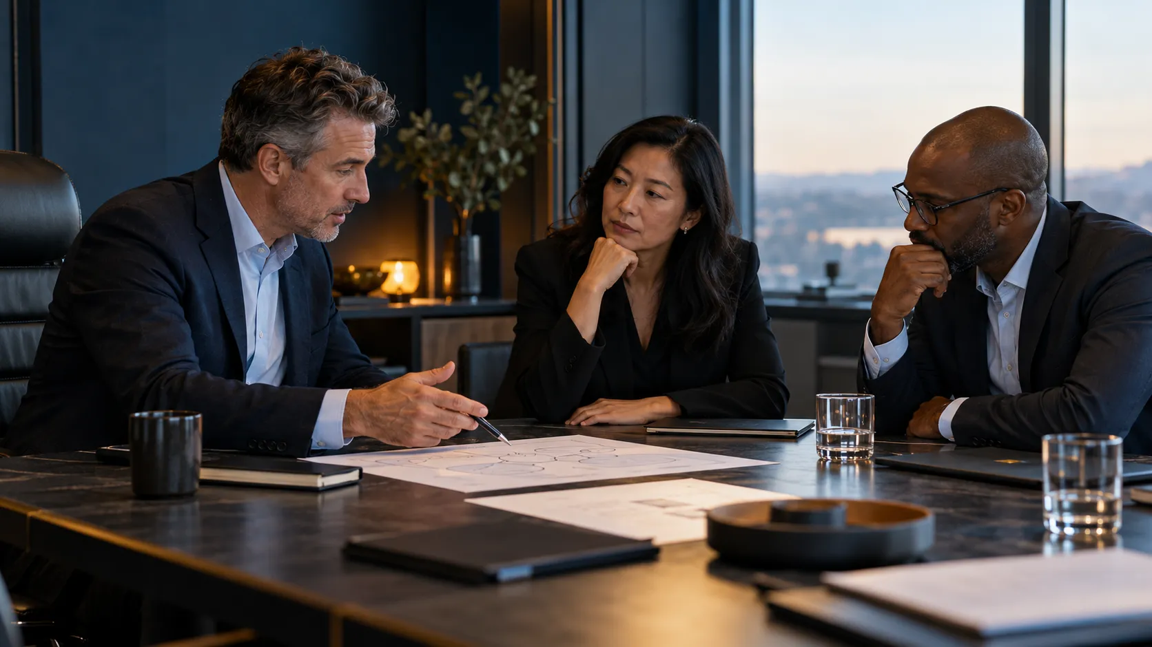 Illustration of three business leaders discussing a planning diagram around a table