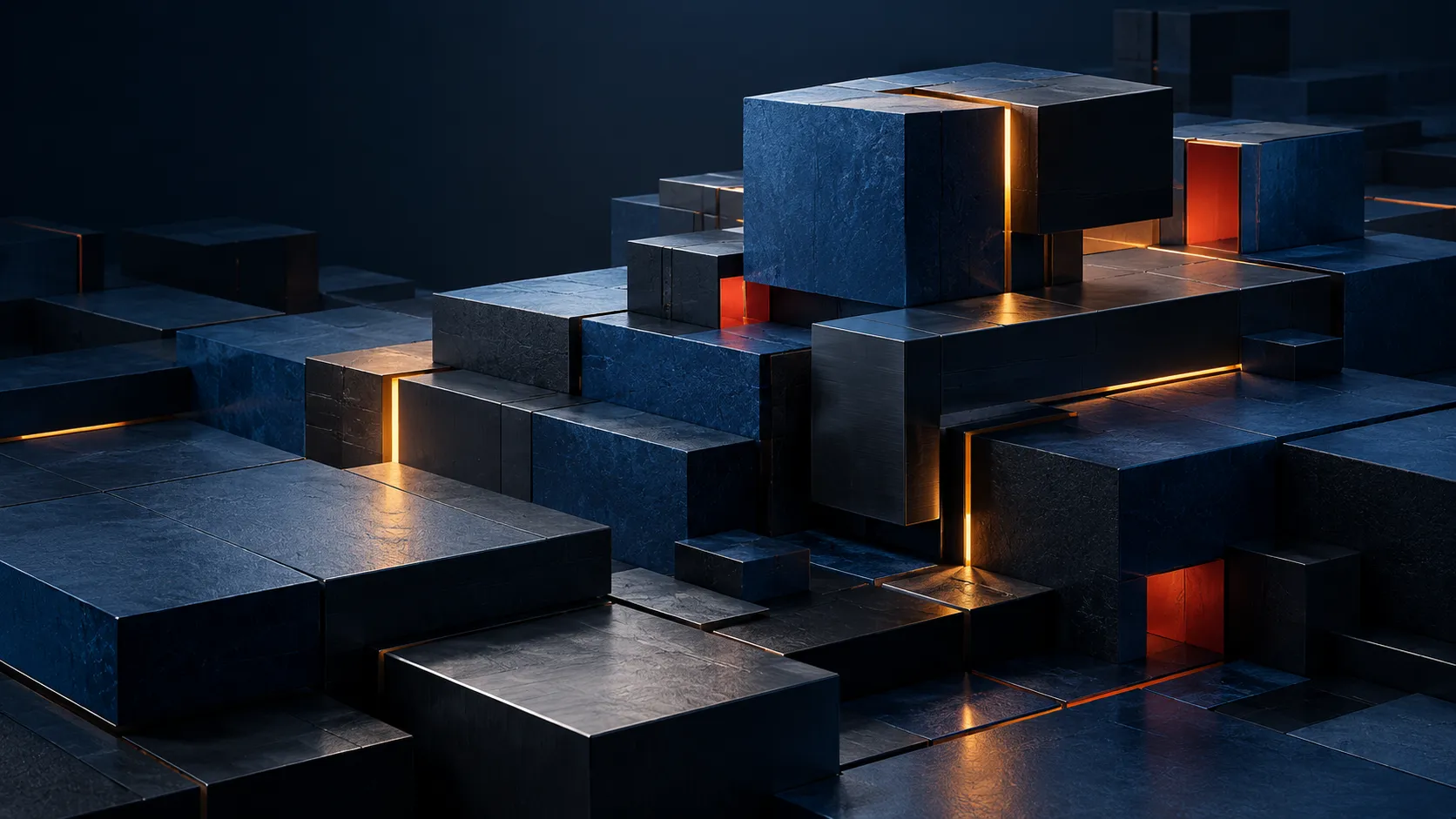 Abstract dark navy modular blocks with a few warm illuminated connections
